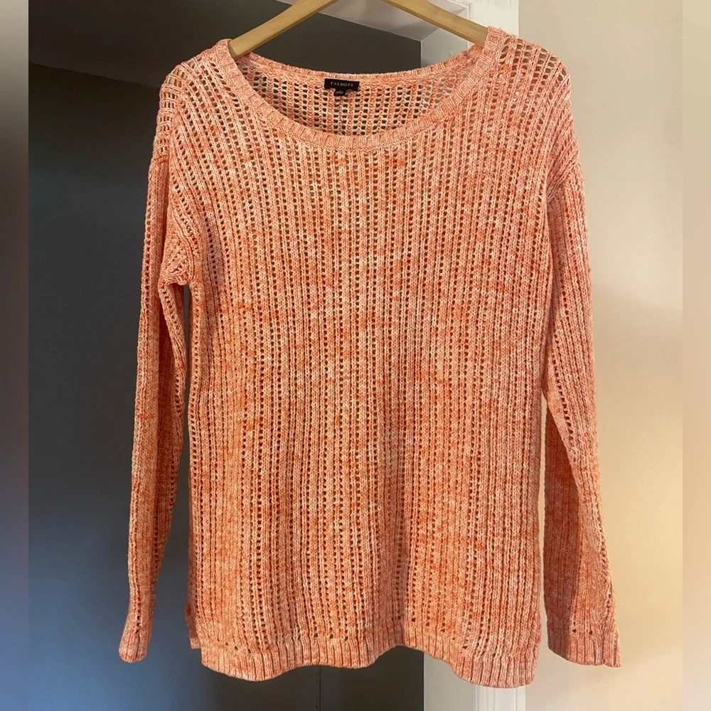 NEW Talbots Small Peach Orange Open Knit Pullover Sweater Cotton Soft Scoop Neck - Picture 2 of 9